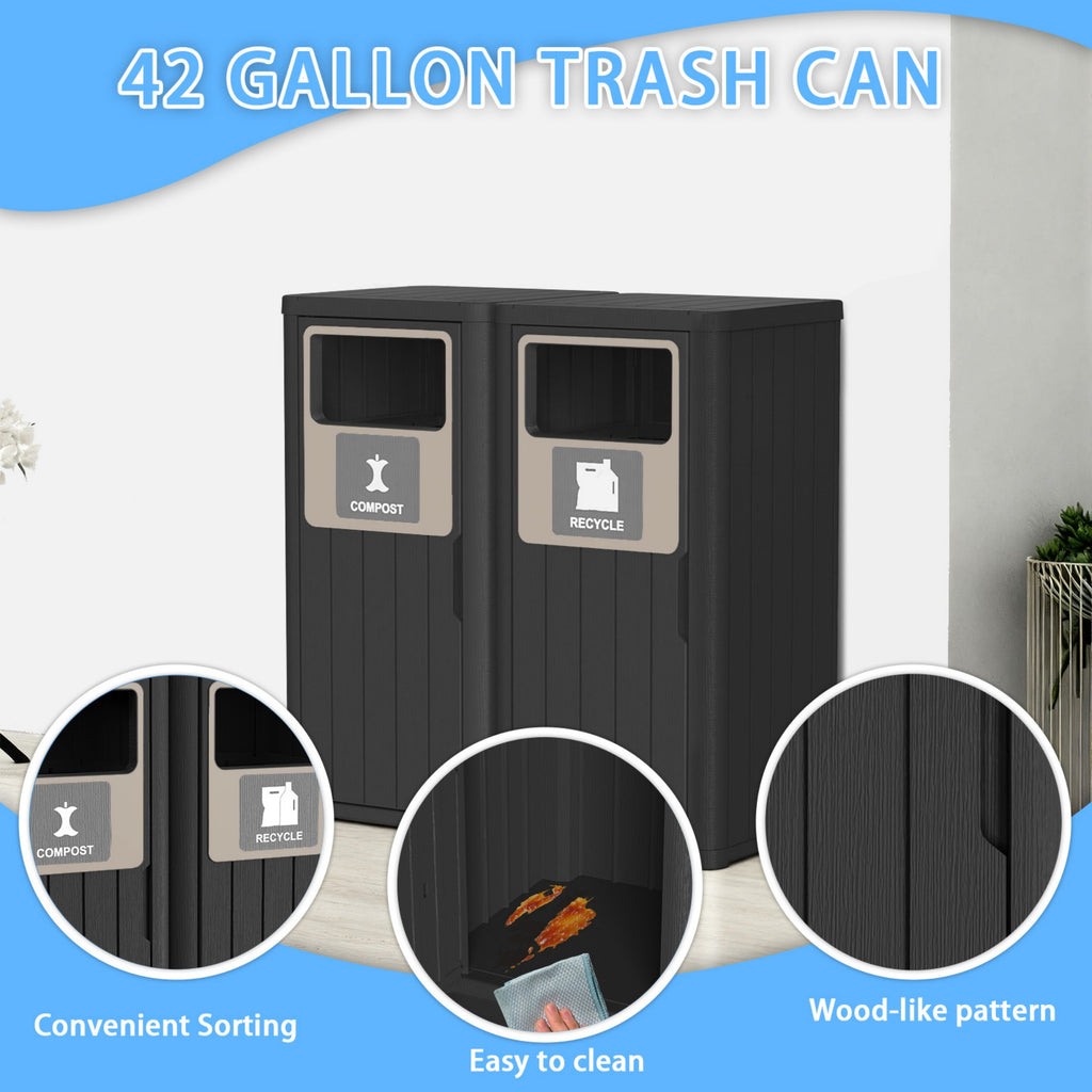 42 Gallon Outdoor Trash Bin, Resin Manual Lift Garbage & Recycling Storage Deck Box with Lid Double-Bucket