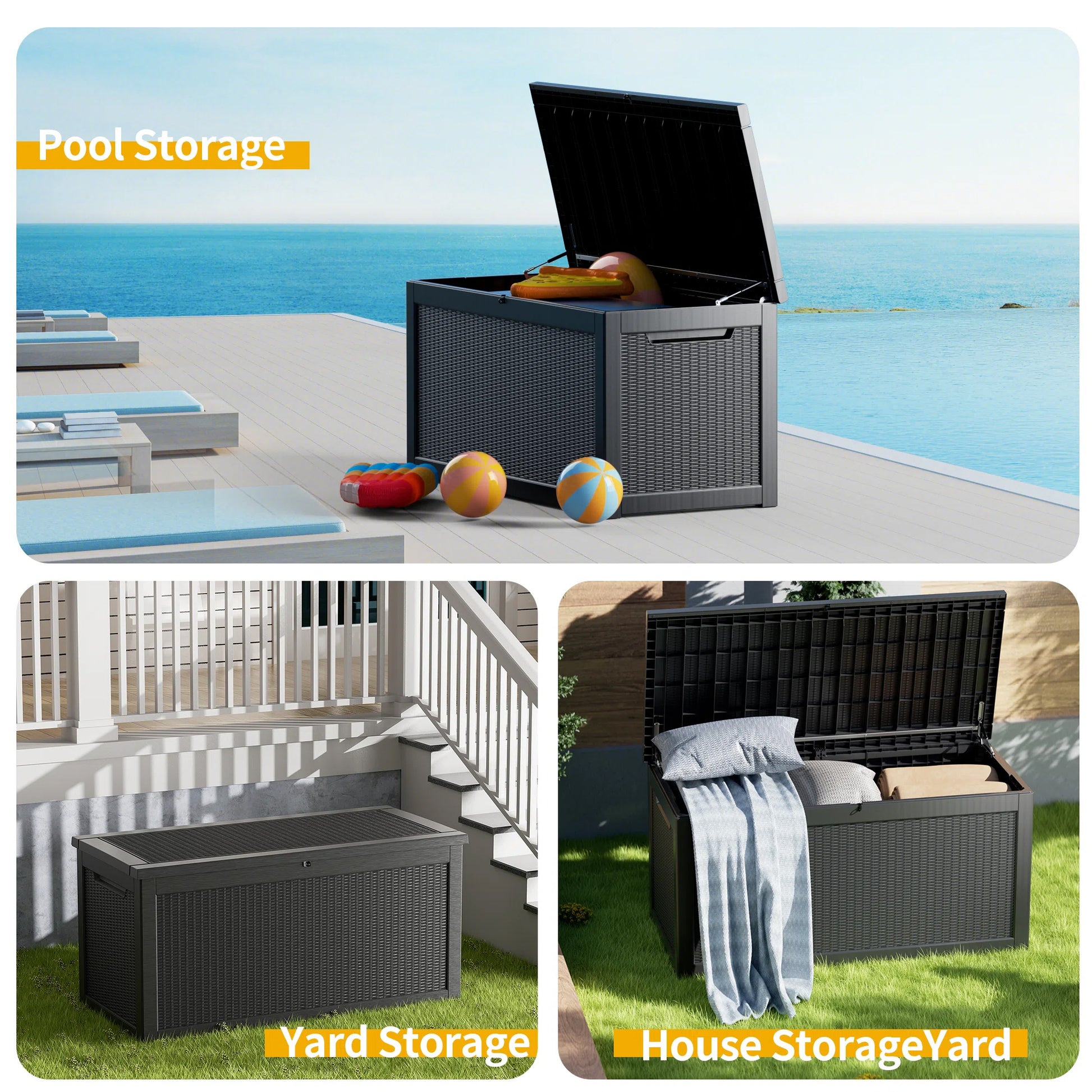 260 Gallon Resin Deck Box, Water-Resistant Lockable Outdoor Storage Box for Patio Organization
