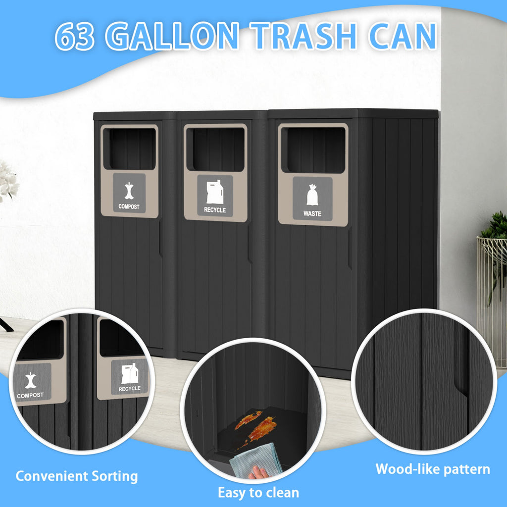63 Gallon Outdoor Trash Bin, Resin Manual Lift Garbage & Recycling Storage Deck Box with Lid Triple-Bucket