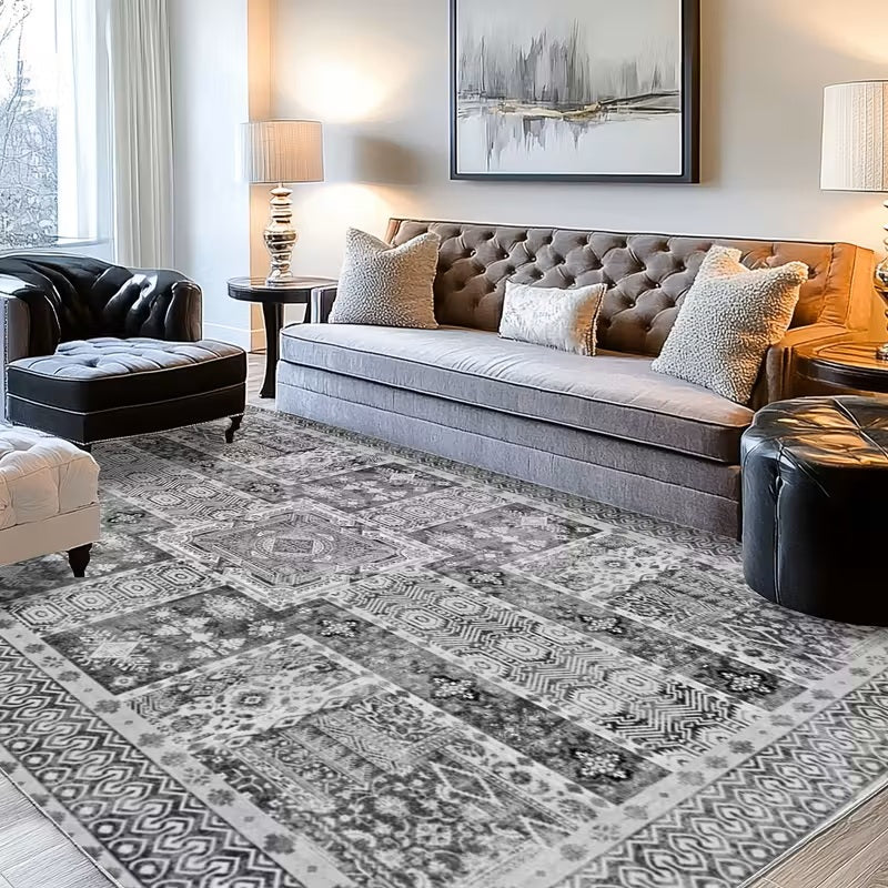 Grey Vintage Area Rug, Washable Non-Slip Boho Carpet for Living Room, Bedroom, Kitchen, Office