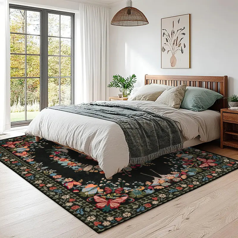 Black Butterfly Floral Washable Area Rug, Low Pile Non-Slip Indoor Carpet for Living Room & Bedroom