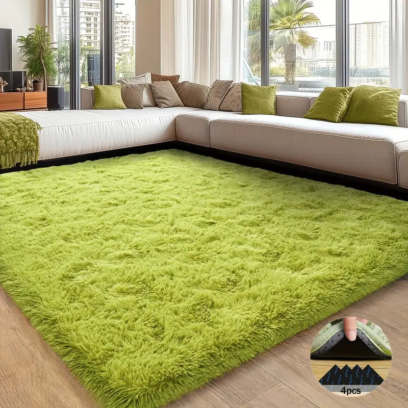 Grass Green Fluffy Shag Area Rug with Non-Slip Base & 4 Reusable Stickers, Soft Plush Mat