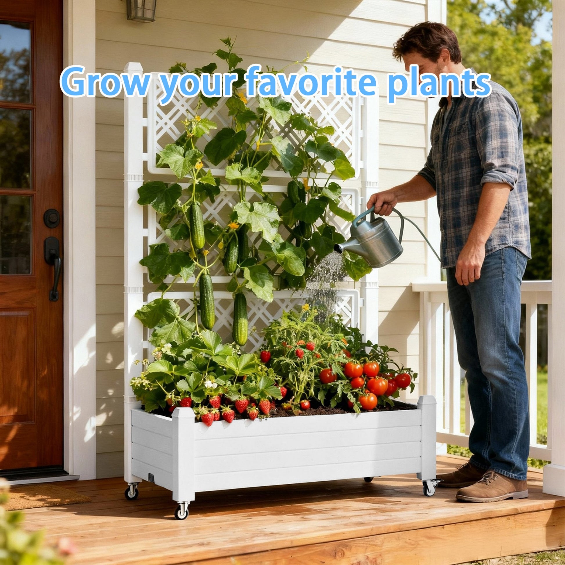 Planter Box with Trellis & Wheels, Large Raised Garden Bed, Outdoor Plastic Planter for Climbing Plants