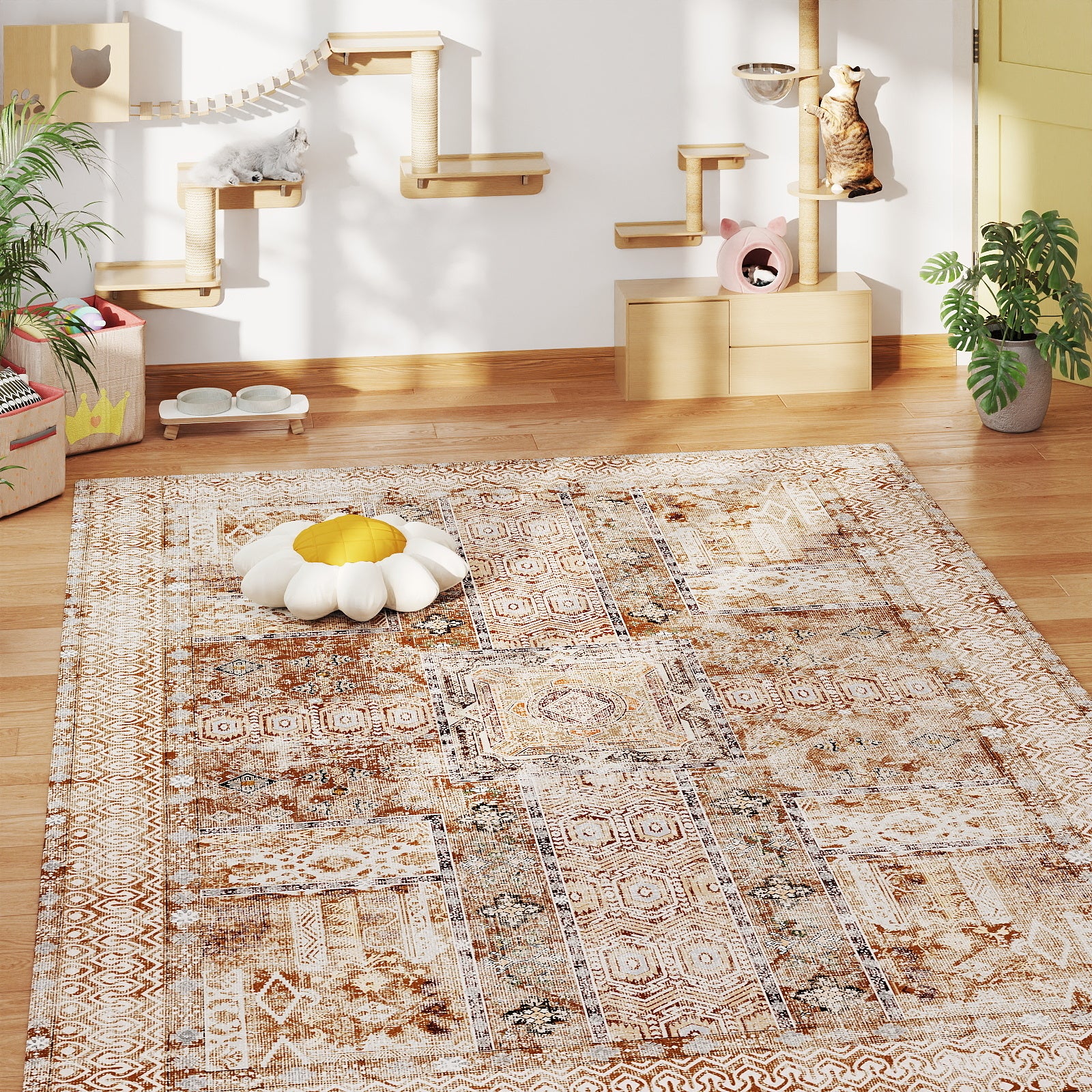 5x7ft Washable Vintage Area Rug, Thin Foldable Non-Slip Distressed Floral Carpet for Bedroom Living Room Bathroom