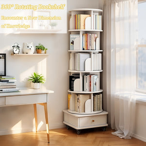 Chic Crate 6-Tier 360° Rotating Bookshelf with Wheels & Drawer, Space-Saving Bookcase for Bedroom & Home Office