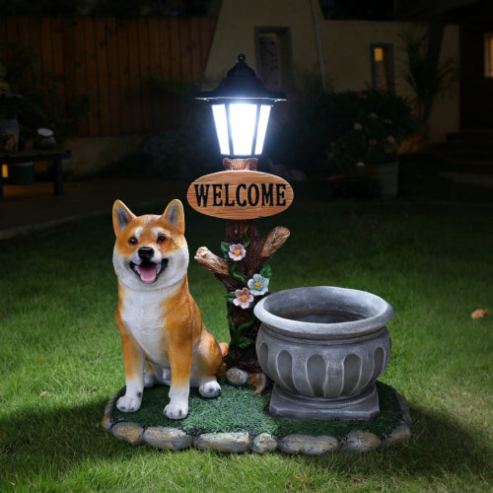Sitting Akita Dog Shaped Planter Statue with Dignified Modeling for Potted Flowers