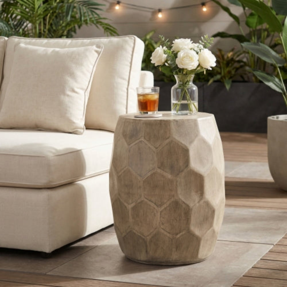 Boho Honeycomb Barrel Side Table, Lightweight Concrete with Natural Wood Finish, 15.25"x18.25" Accent Table, No Assembly Required