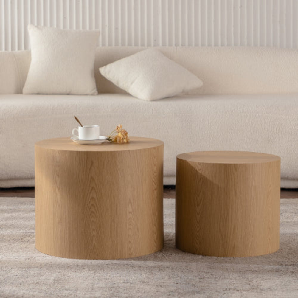 Nesting Coffee Table Set of 2, Round Wooden Modern Design, Space-Saving Accent End Side Tables for Small Living Room, Bedroom Office - Natural