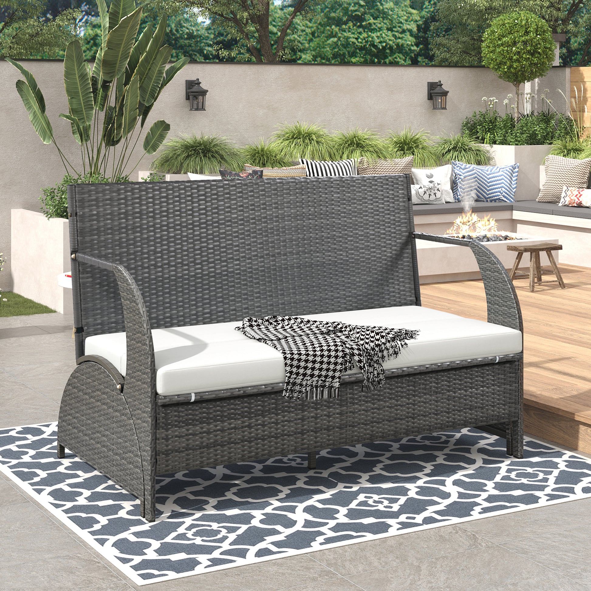 2-in-1 Convertible Picnic Upholstered Bench Table,57.1" Outdoor Loveseat,Portable Picnic Table Couch,Convertible To 4 Seats&1 Table,For Garden,Lawn,Backyard,Porch,Patio