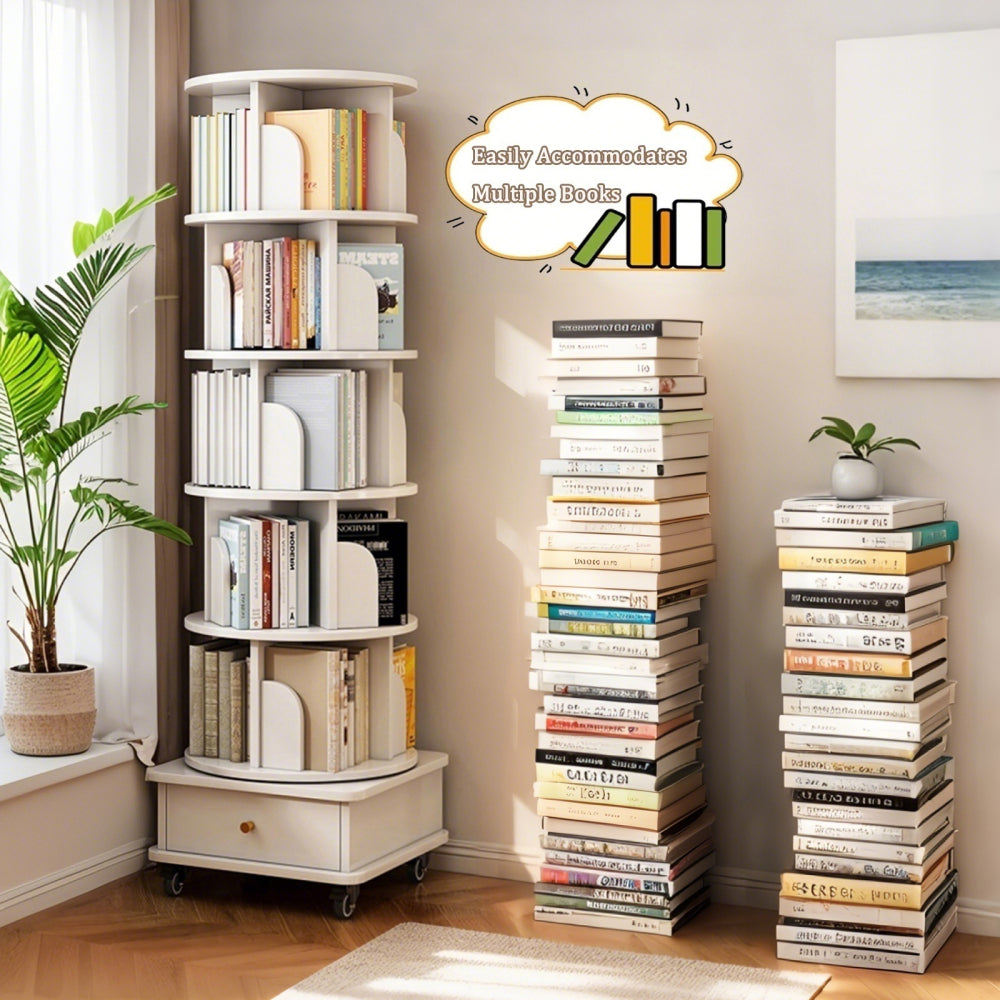 Chic Crate 6-Tier 360° Rotating Bookshelf with Wheels & Drawer, Space-Saving Bookcase for Bedroom & Home Office