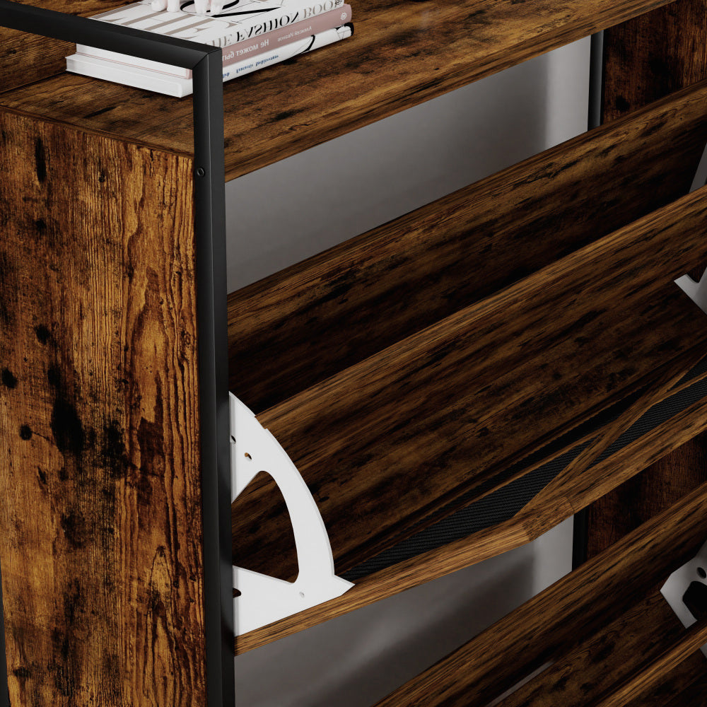 Chic Crate-2-Drawer Flip-Top Shoe Cabinet – Narrow | Entryway | Metal Legs | Rustic Brown | 31.5inx8.5inx39.5in