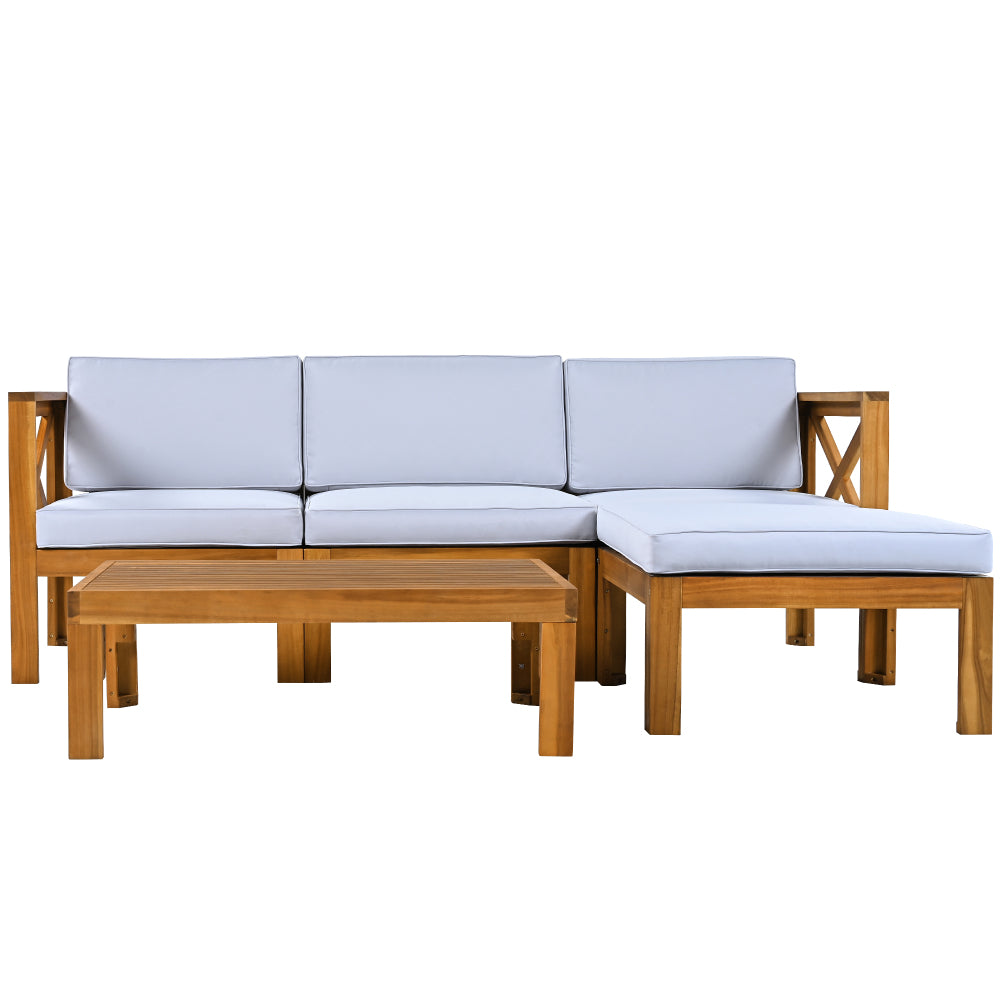 Chic Crate-5-Piece Wood Outdoor Patio Sectional Sofa Set with Water-Resistant Gray Cushions for Backyard, Porch, Deck - Natural Finish