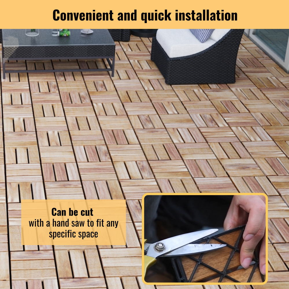 Chic Crate 10Pcs 12'' Yellow Acacia Hardwood Interlocking Deck Tiles – Checkerboard Pattern