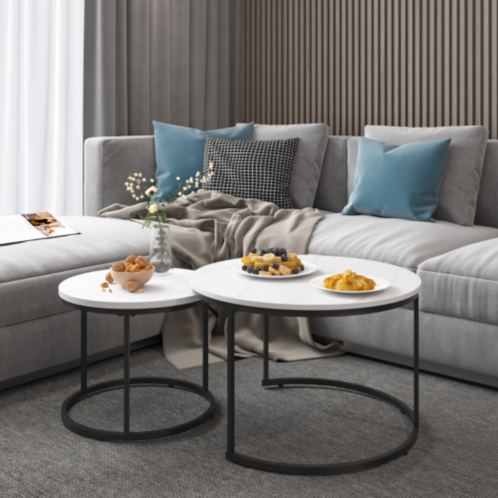 Nesting Coffee Table Set of 2, 27.6" Round Wood Marble Pattern Top, Sturdy Metal Frame, Modern Side End Tables for Home Office - White