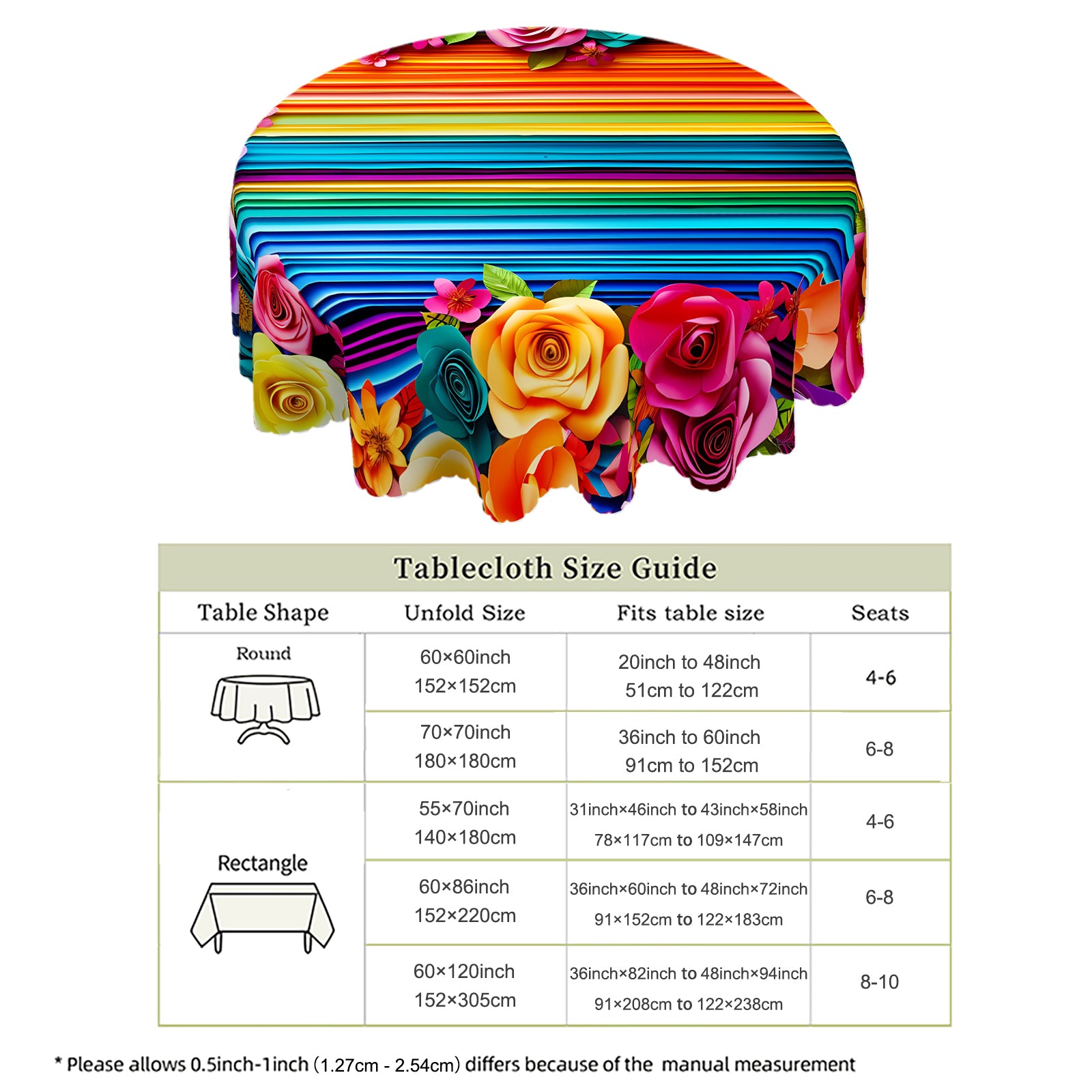 Mexican Floral Tablecloth, Colorful Fiesta Style Dustproof Easy-Care Dining Table Cover for Indoor Outdoor Decor