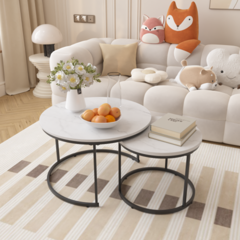 Nesting Coffee Table Set of 2, 27.6" Round Wood Marble Pattern Top, Sturdy Metal Frame, Modern Side End Tables for Home Office - White
