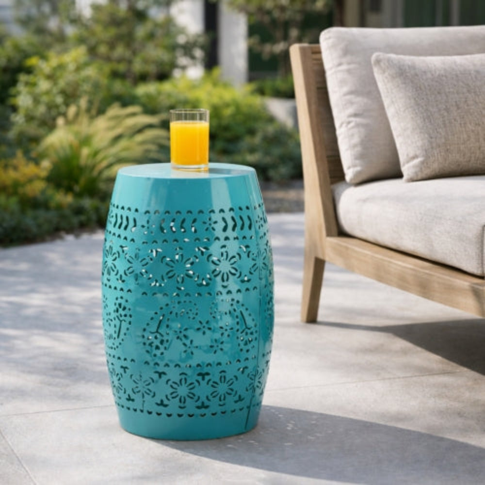 Boho Honeycomb Pattern Side Table, Lightweight Concrete Accent Table with Natural Wood Finish, Barrel Structure, 15.25"x18.25", No Assembly
