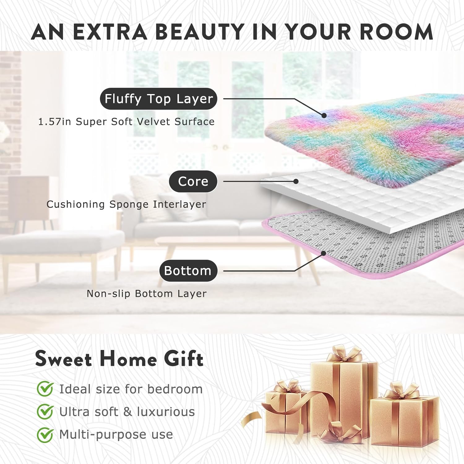 5x7ft Soft Fluffy Rainbow Area Rug, Non-Slip Shag Carpet for Living Room Bedroom, Plush Rug for Home Dorm Decor