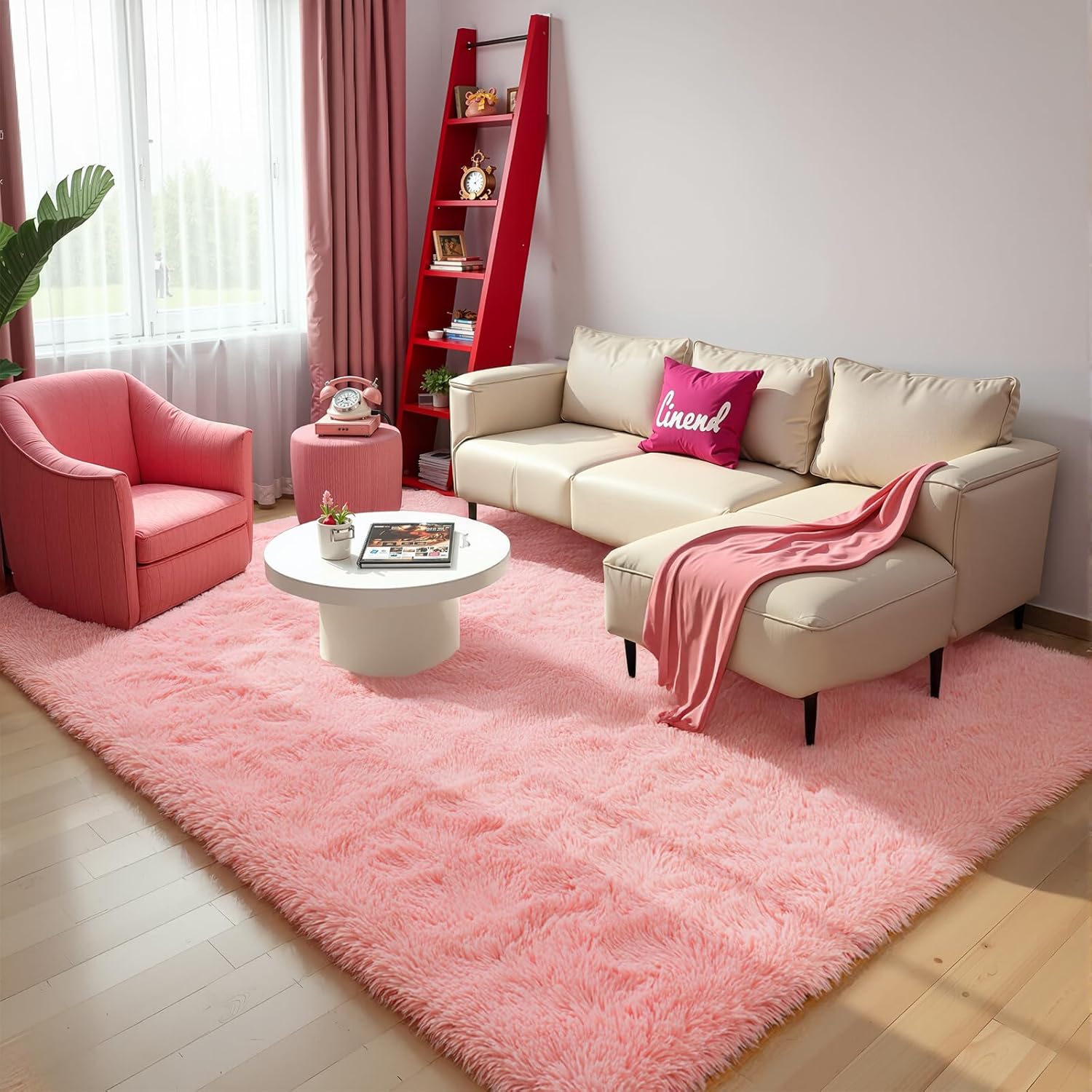Blush Pink Shag Rug, Ultra Soft 1.7" Thick, Non-Slip, 100% Polyester, Modern Decor for Bedroom