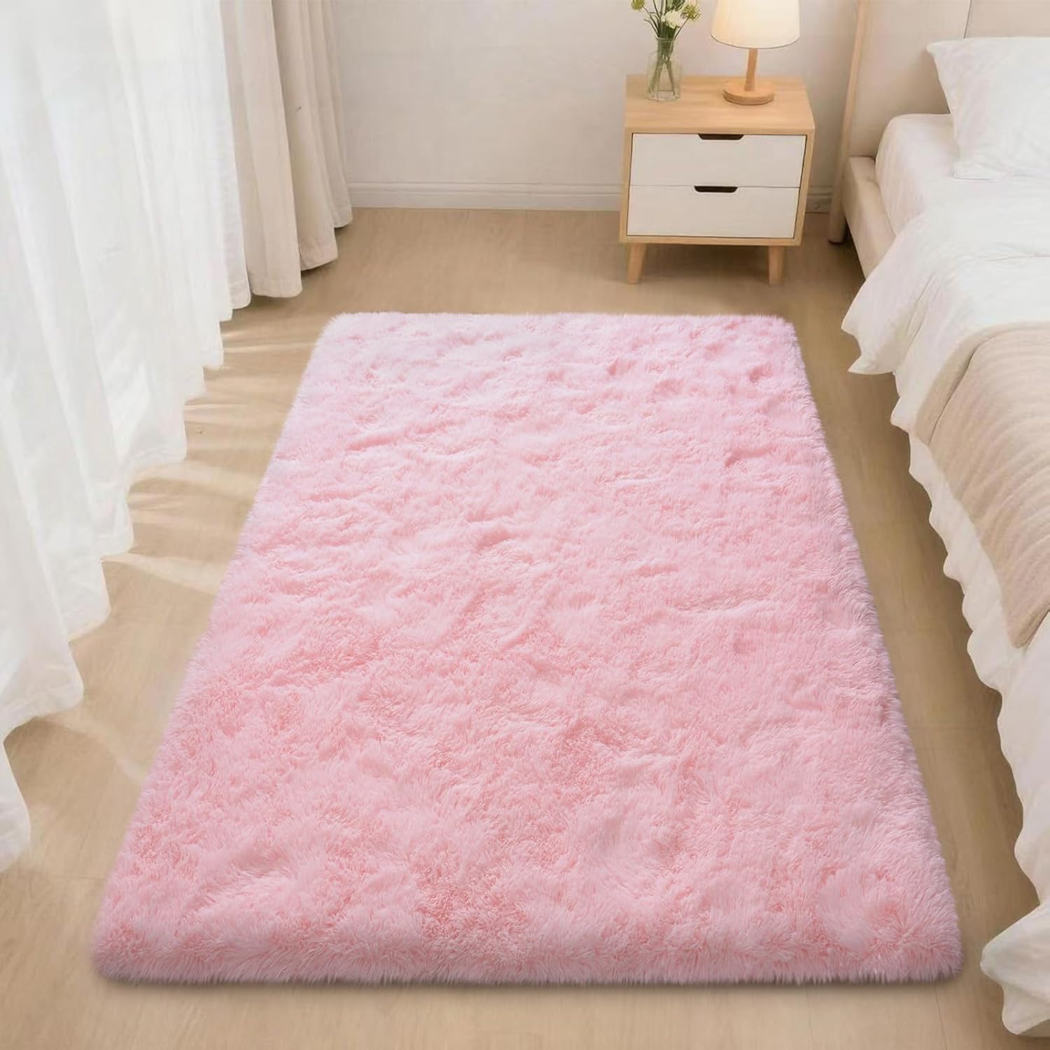 Blush Pink Shag Rug, Ultra Soft 1.7" Thick, Non-Slip, 100% Polyester, Modern Decor for Bedroom