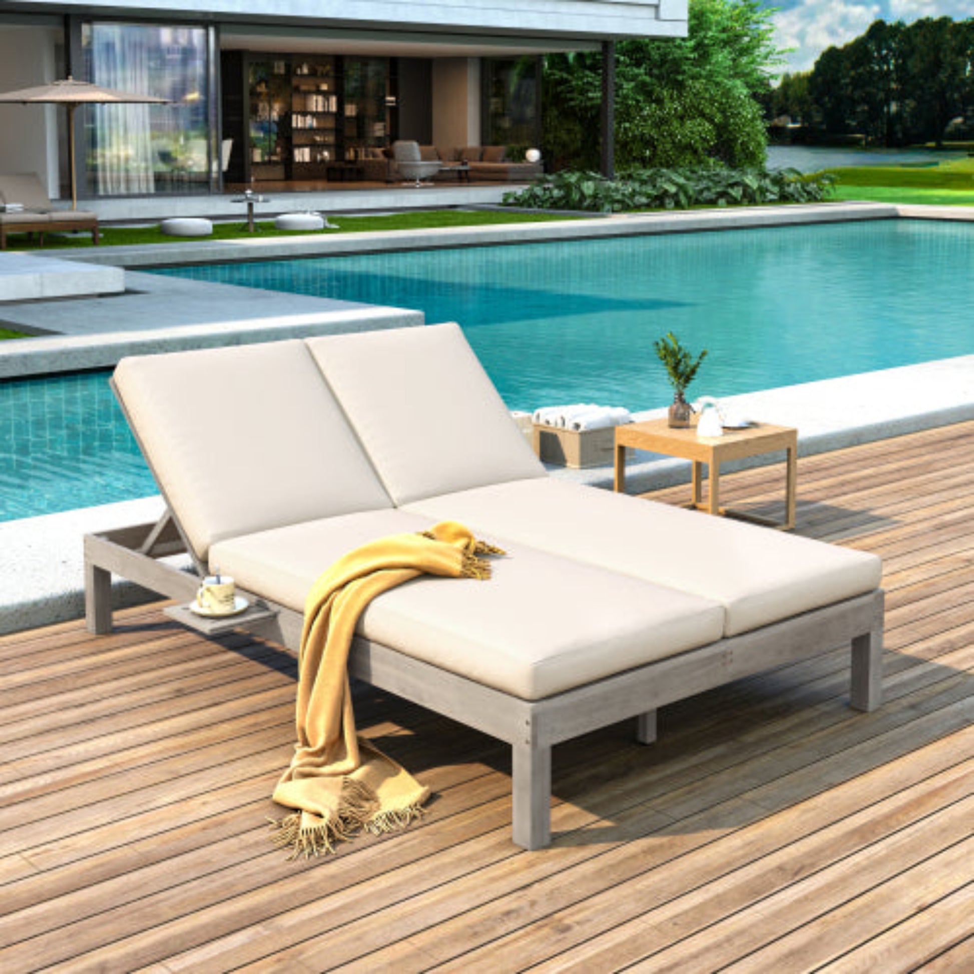 Double Chaise Lounge with Cushion and Folding Side Trays for 2 People Patio and Poolside