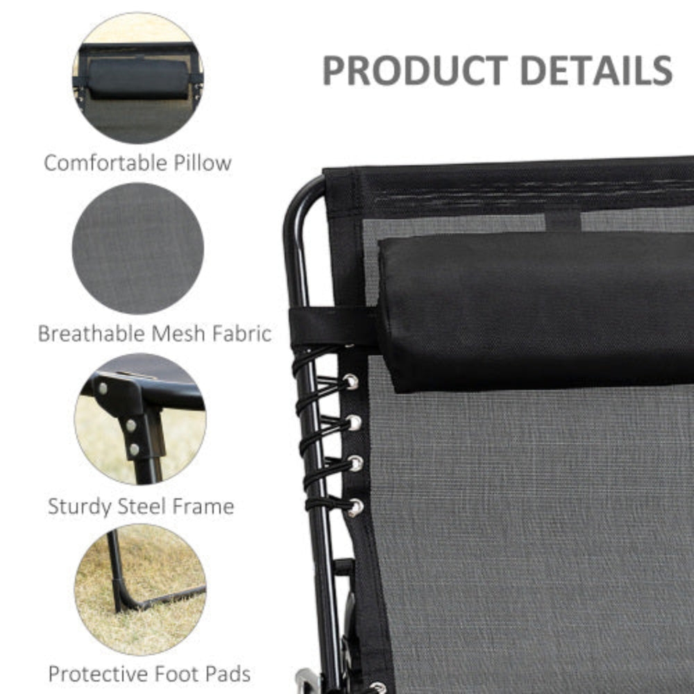 Reclining Chaise Lounge Chair, Portable Folding Sun Lounger Camping Cot with Adjustable Backrest & Removable Pillow for Patio, Garden, Beach, Black
