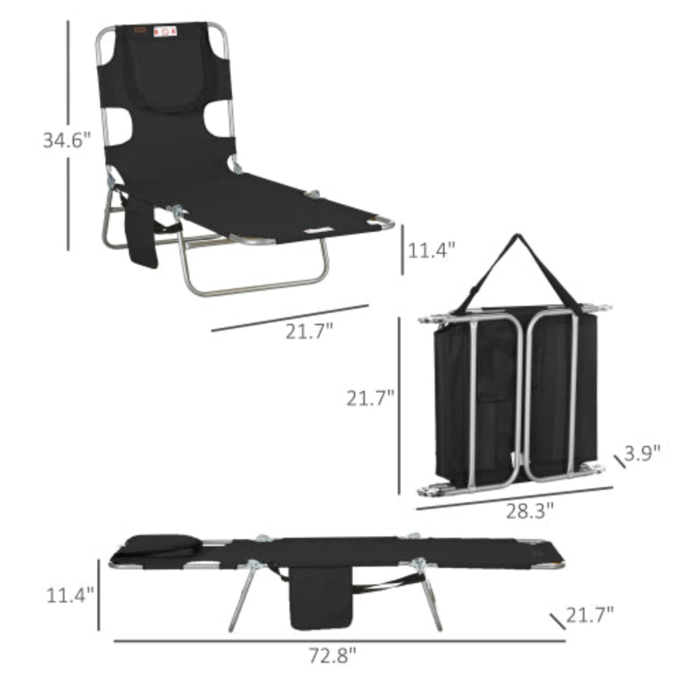 Folding Beach Lounge Chair with Face Hole & Arm Slots, 5-Level Adjustable Tanning Lounger with Pillow for Patio, Garden, Beach & Pool, Black