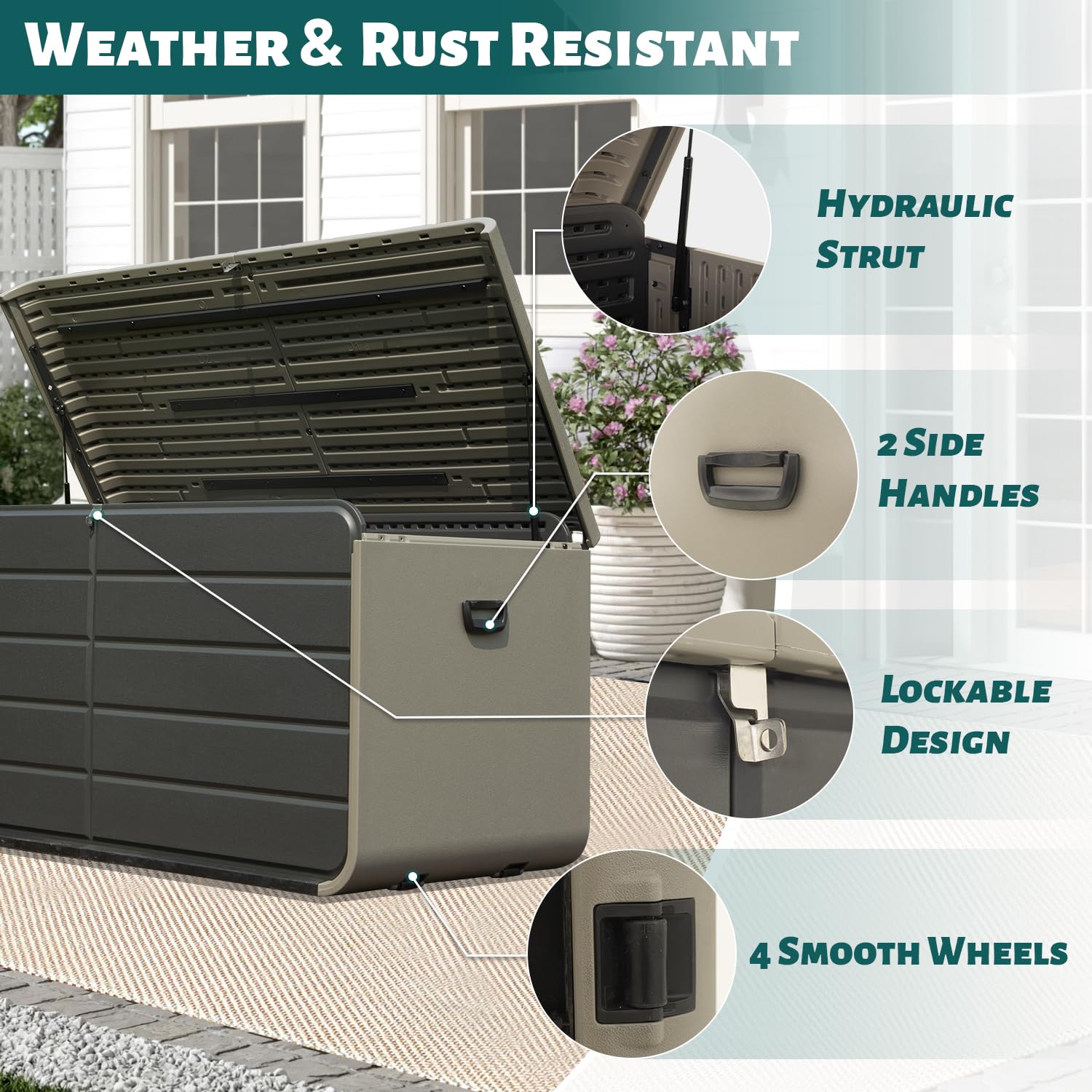 Large Heavy-Duty Resin Deck Box, Lockable Waterproof Storage Box for Patio & Garden Tools