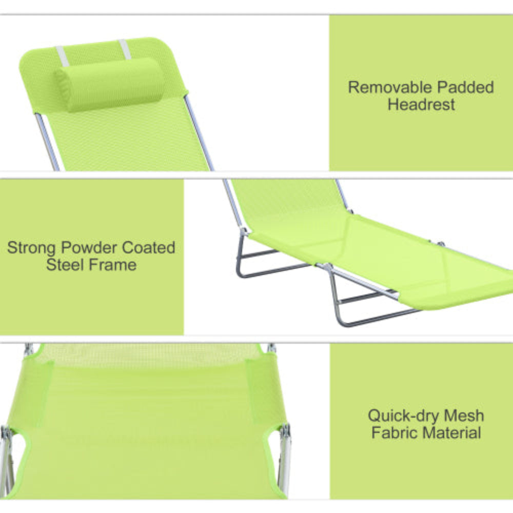 Folding Chaise Lounge Pool Chairs with Pillow, Reclining Back & Breathable Mesh, Steel Frame Outdoor Sun Tanning Seating for Beach Yard Patio, Green