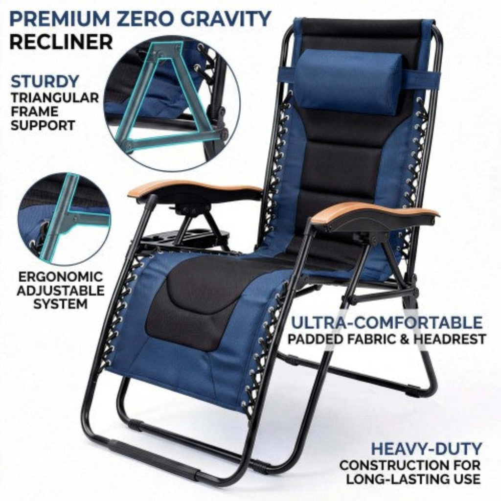 Oversized Padded Zero Gravity Chair, Foldable Patio Recliner, 30" Wide Seat Anti Gravity Lounger with Cup Holder, Support 400 LBS
