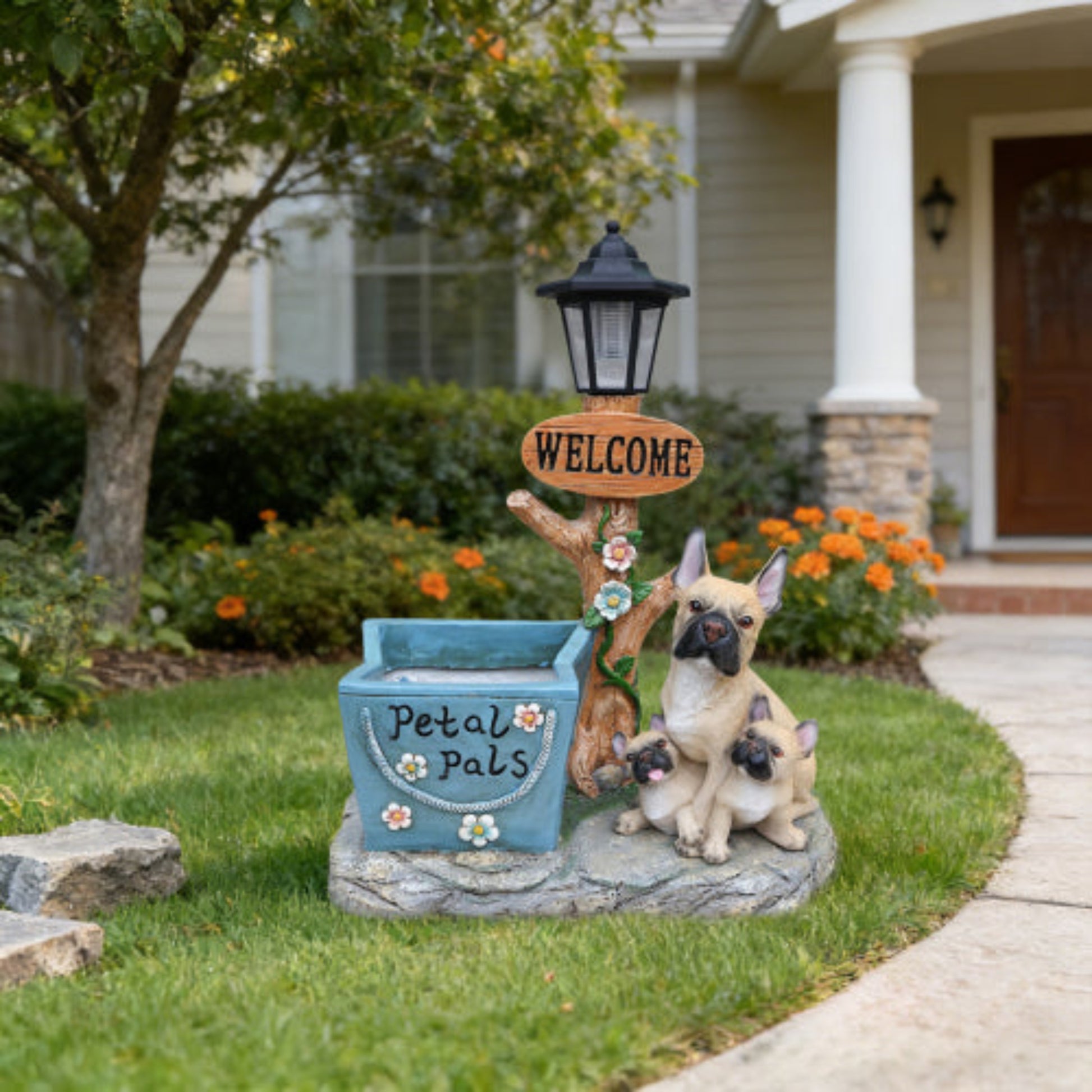 French Bulldog Family Shaped Planter Statue with Warm Design for Flower and Herb Growing