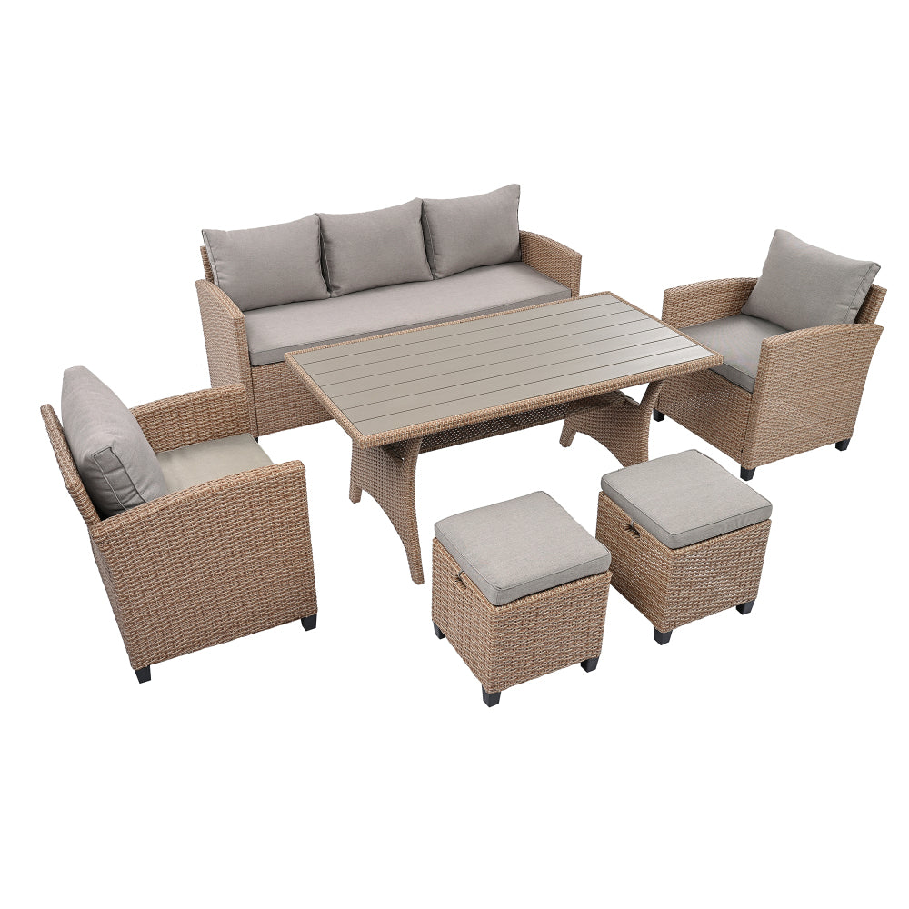 Chic Crate-Rustic Outdoor Wicker Set – 6-Piece Patio Furniture w/ Rattan Sofa, Chairs & Table | Natural Finish | Multi-Room
