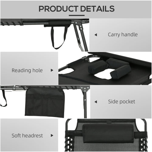 Outdoor Folding Chaise Lounge with Reclining Back and Reading Face Hole, Outdoor Lounge Chair with Side Pocket & Headrest for Yard, Patio Black