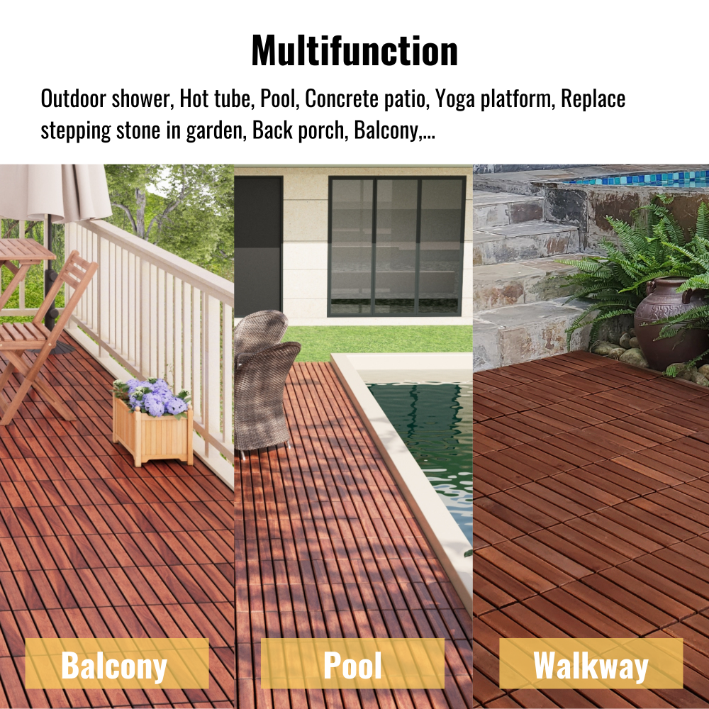 Chic Crate 10Pack 12in Striped Deck Tiles – Interlocking Brown Acacia Hardwood Flooring