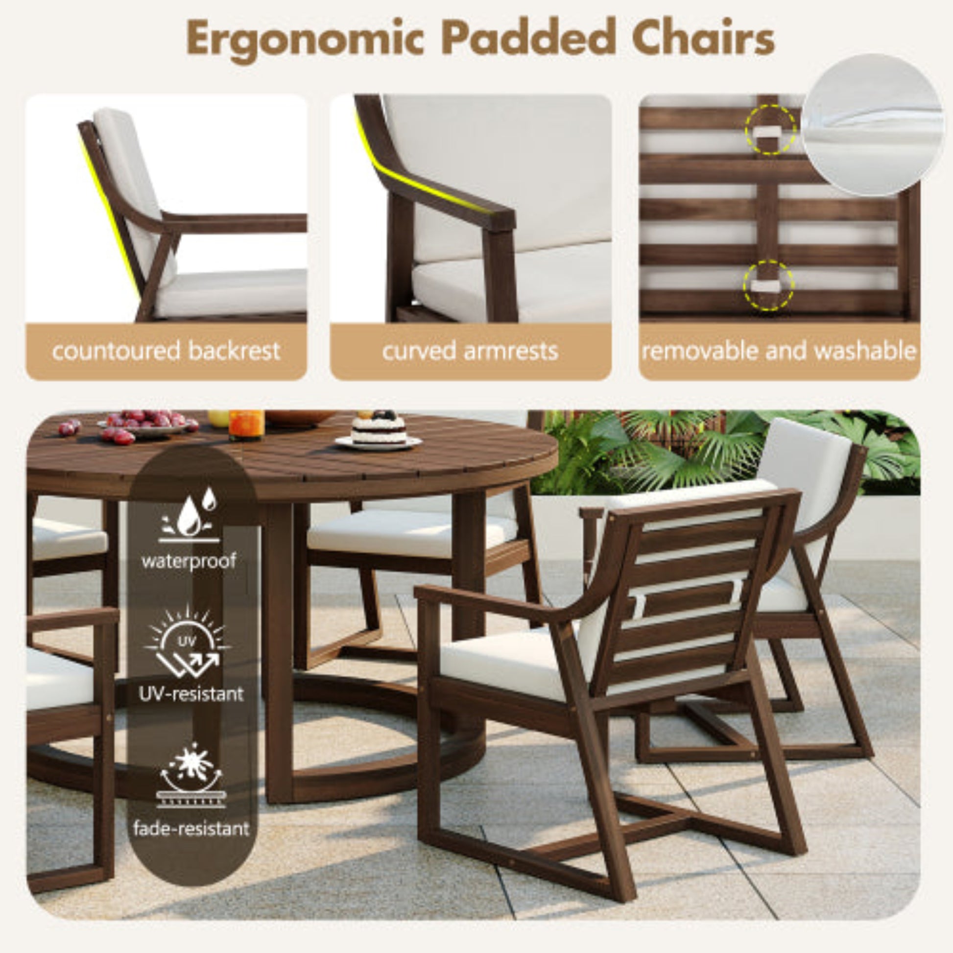 Patio Dining Chair Set of 2 Wood Armchairs with Removable Cushions for Garden and Patio