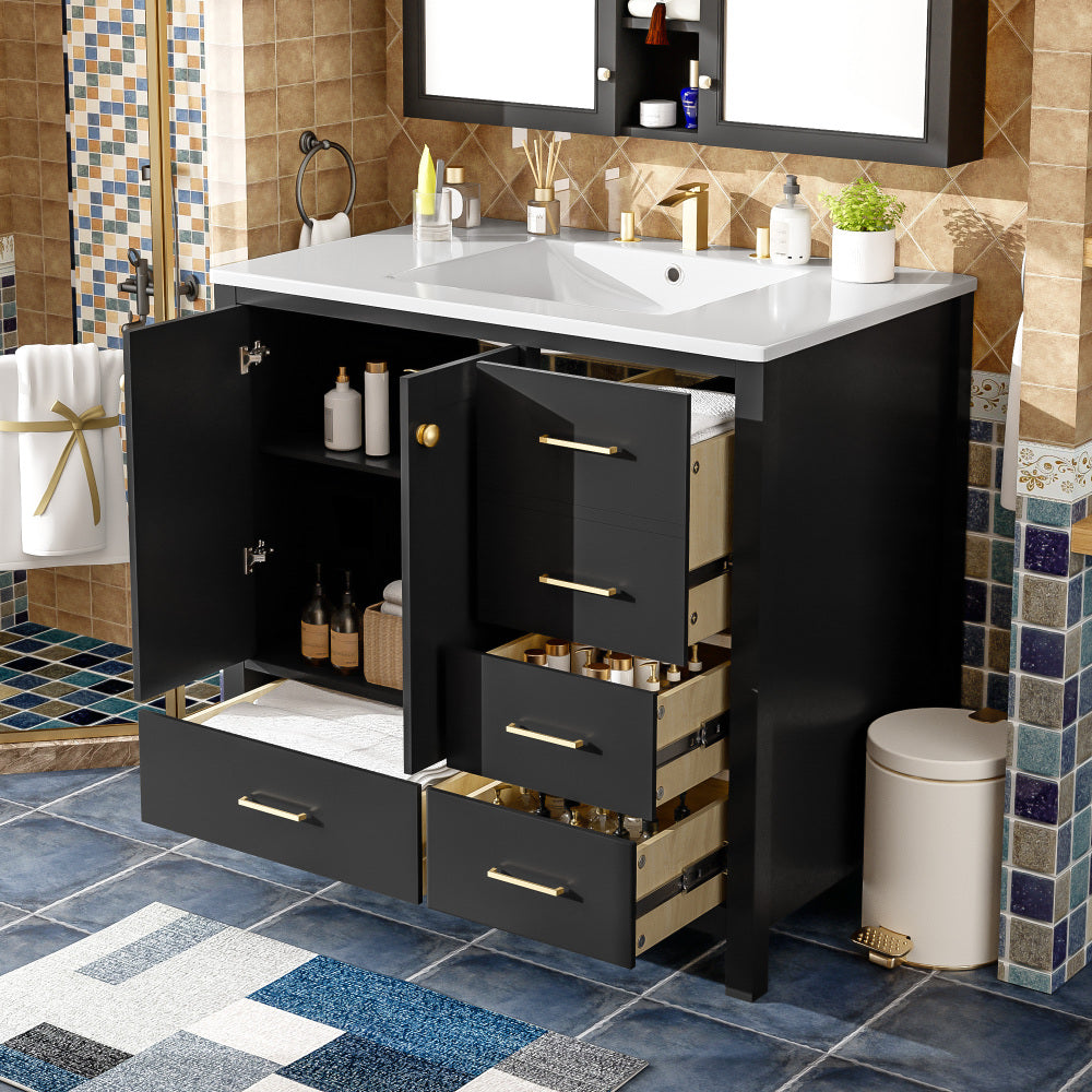 Chic Crate-36In Bathroom Vanity – Ceramic Sink w/4 Drawers & Soft-Close Doors | Solid Wood Frame | Freestanding | Black