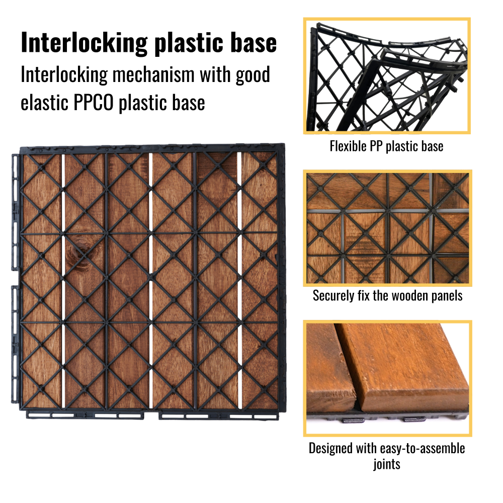 Chic Crate 10Pack 12in Striped Deck Tiles – Interlocking Brown Acacia Hardwood Flooring