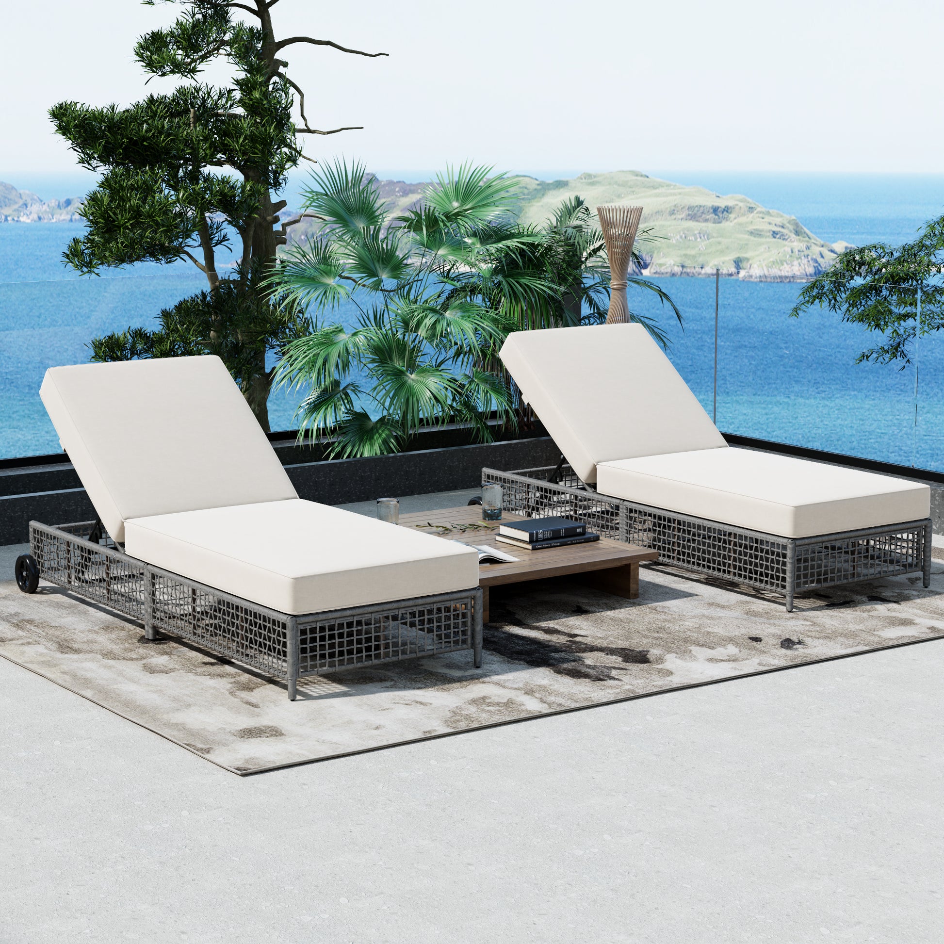 Outdoor Lounge Chair Set of 2, Patio Chaise Lounge with 5-Position Backrest, Rattan Outdoor Lounge Chair with Cushion and Wheels for Poolside, Backyard, Garden