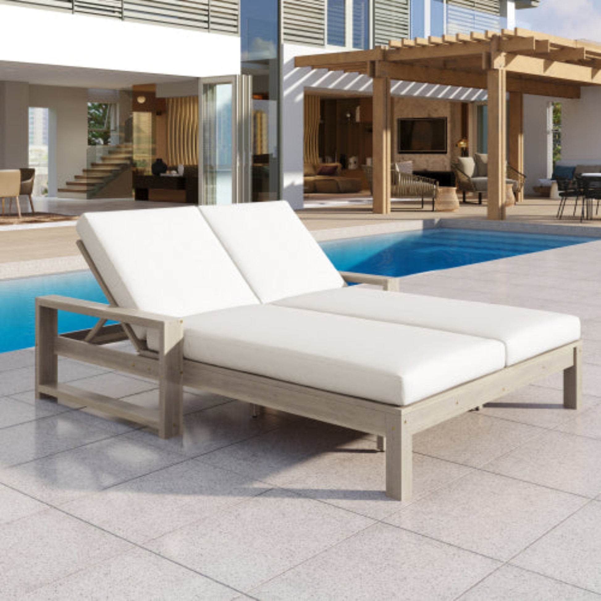 Outdoor Double Lounge Chair with Adjustable Backrest and Cushions for Patio Poolside and Garden