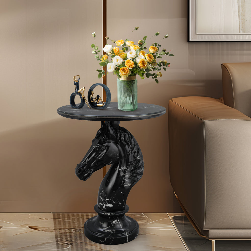 Black Horse Head Accent Table, Animal Statue End Table for Living Room