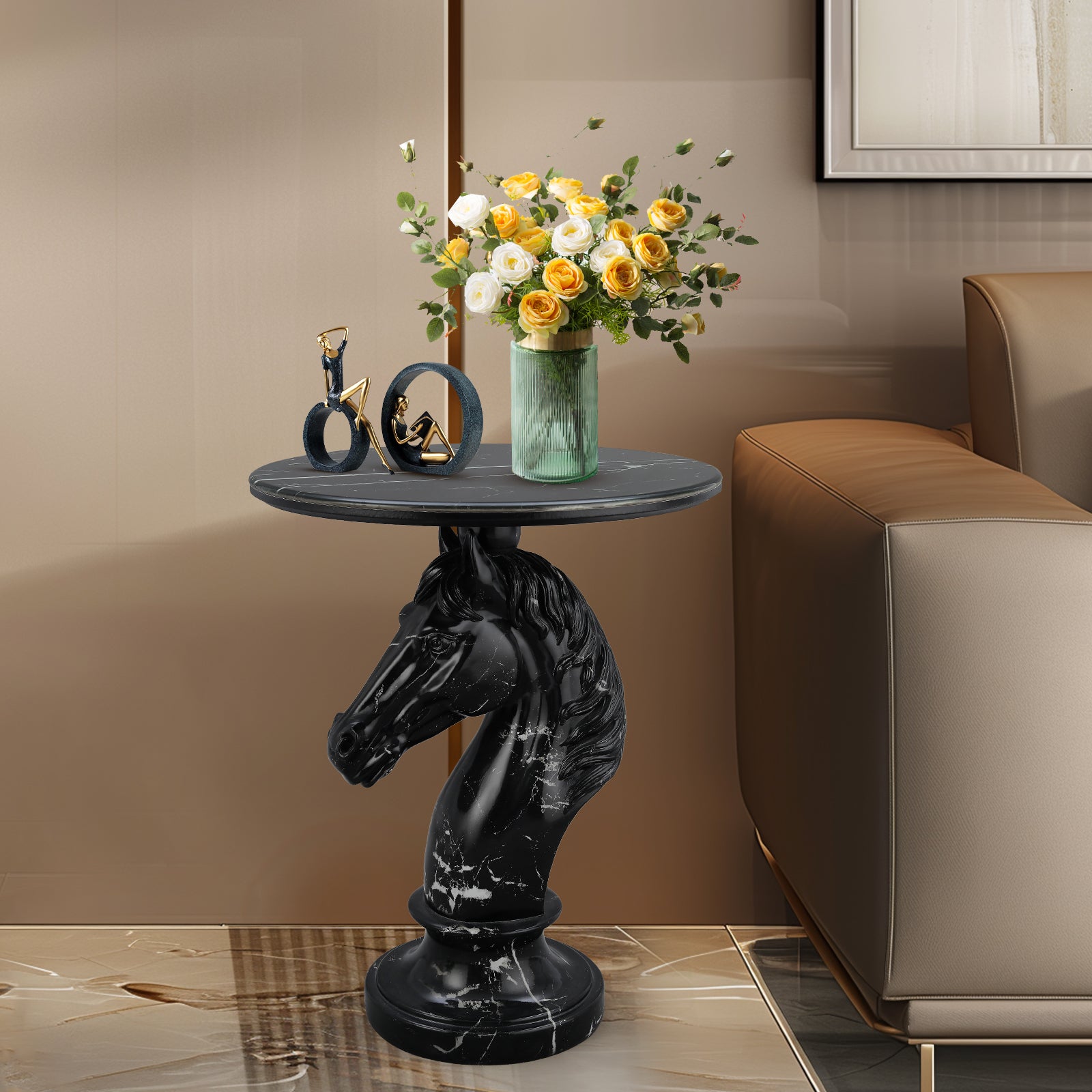 Black Horse Head Accent Table, Animal Statue End Table for Living Room