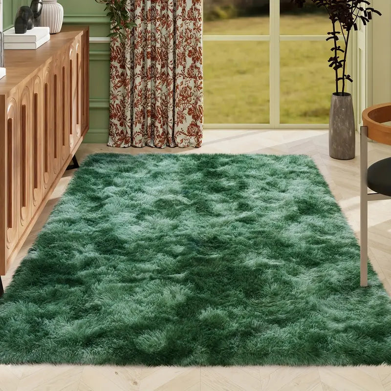 Tie-Dyed Green Fluffy Area Rug, Ultra Soft Non-Slip Mat with 4 Stickers, Multiple Sizes for Home Decor