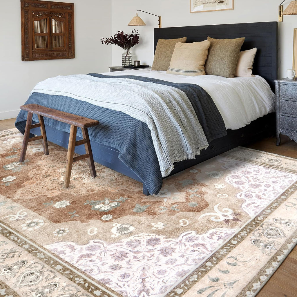 Washable Traditional Area Rug, Thin Foldable Distressed Floral Non-Slip Carpet for Bedroom Living Room Kitchen