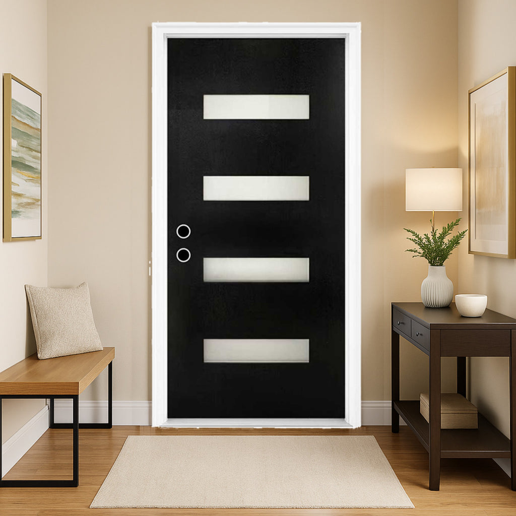 Chic Crate 36x80 Fiberglass Entry Door with Frosted Glass, Left Hand Inswing, Brickmould & Vinyl Frame
