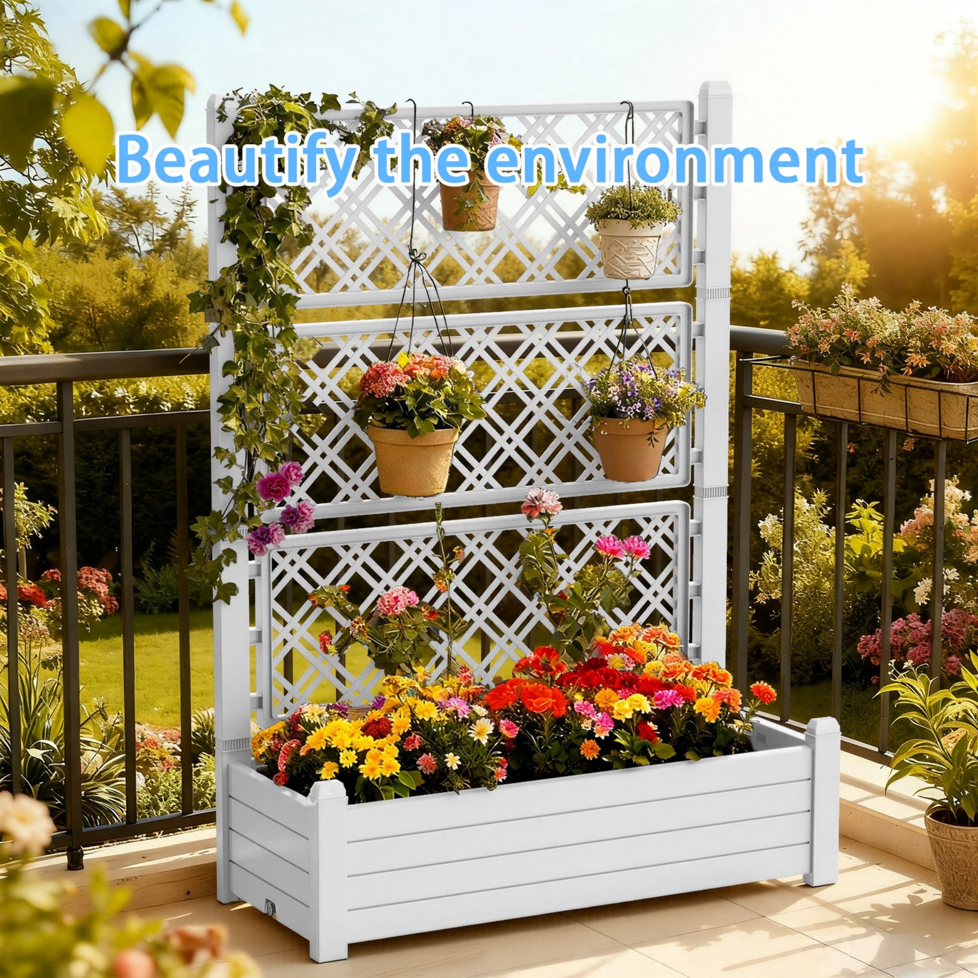Planter Box with Trellis & Wheels, Large Raised Garden Bed, Outdoor Plastic Planter for Climbing Plants