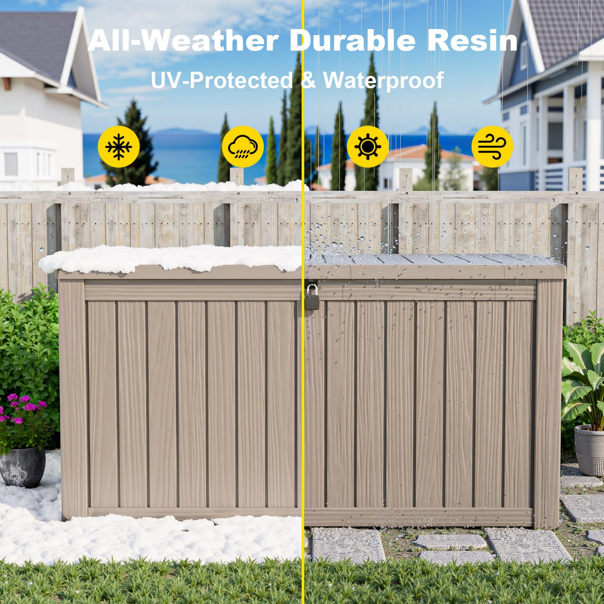 150 Gallon Resin Deck Box, Water-Resistant Lockable Outdoor Storage Box for Patio Organization
