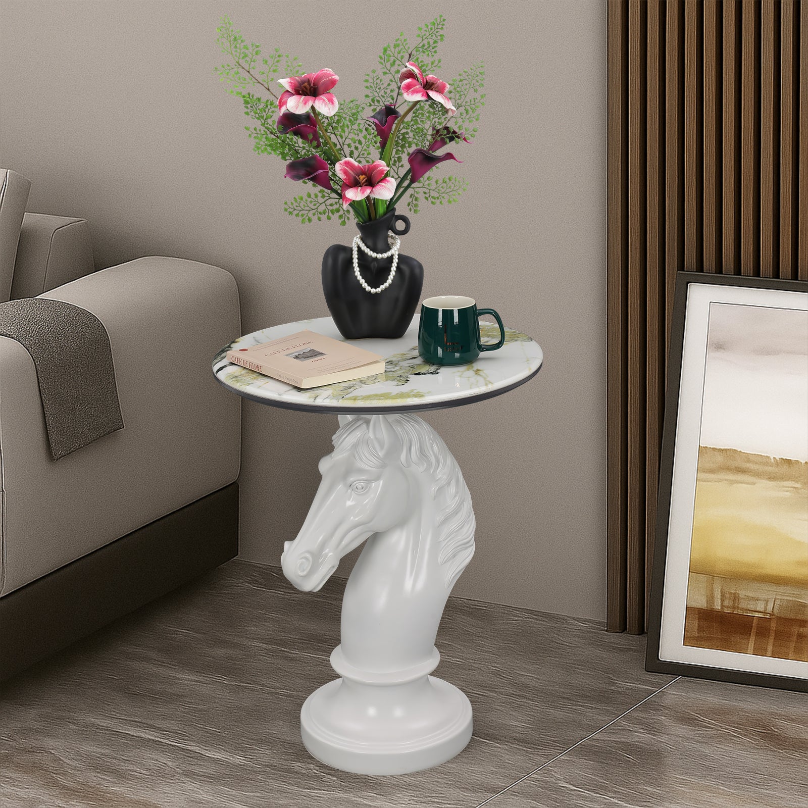 White Horse Head Accent Table, Animal Statue End Table for Living Room