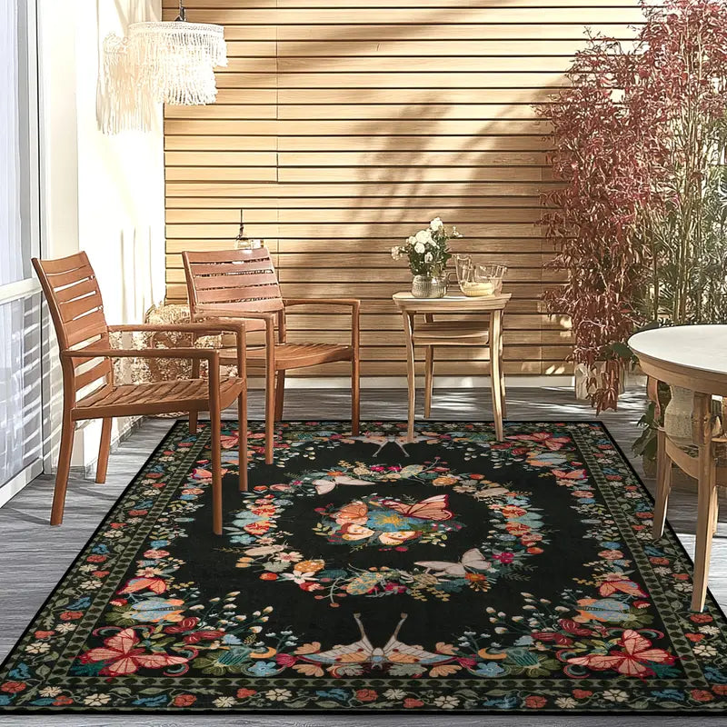 Black Butterfly Floral Washable Area Rug, Low Pile Non-Slip Indoor Carpet for Living Room & Bedroom