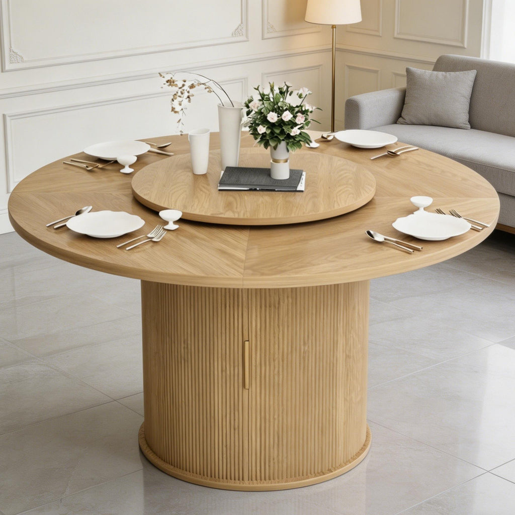 Round Dining Table with Rotating Tray, Double-Tier Storage Rack with Wavy Striped Sliding Doors