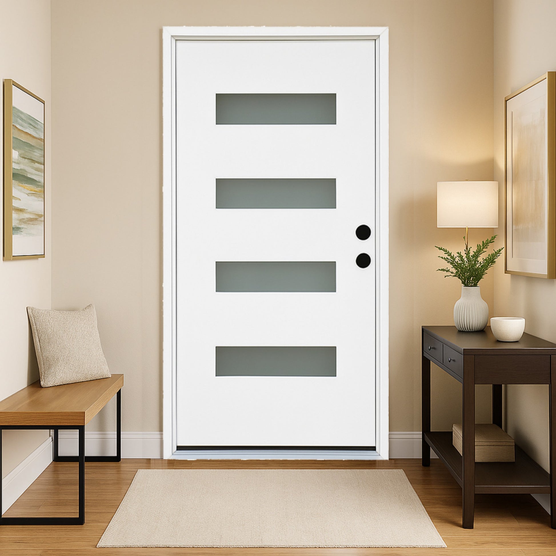 Chic Crate 36x80 Fiberglass Entry Door with Frosted Glass, Left Hand Inswing, Brickmould & Vinyl Frame
